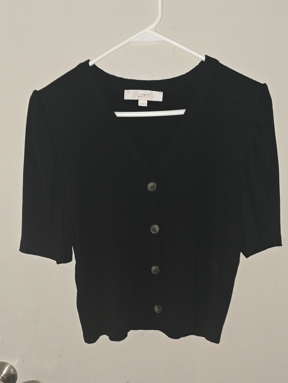 LOFT Black Ribbed Short Sleeve Button-Down Cardigan